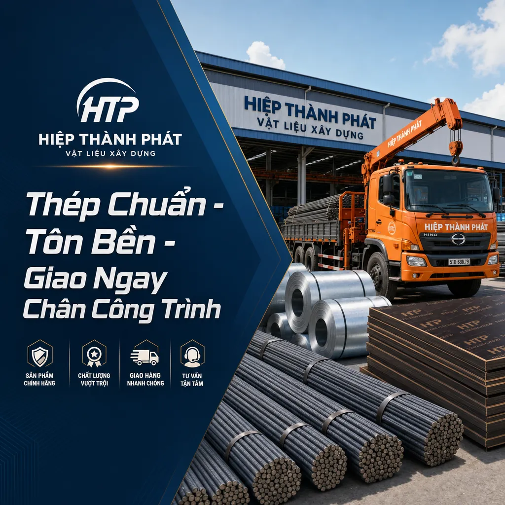 Xe cẩu tự hành HTP đang hạ hàng sắt thép trước kho Hiệp Thành Phát